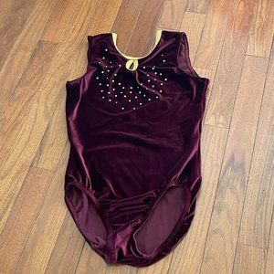 GK Elite Sportswear Burgundy Gold Trim Gem Velour Leotard Adult Medium